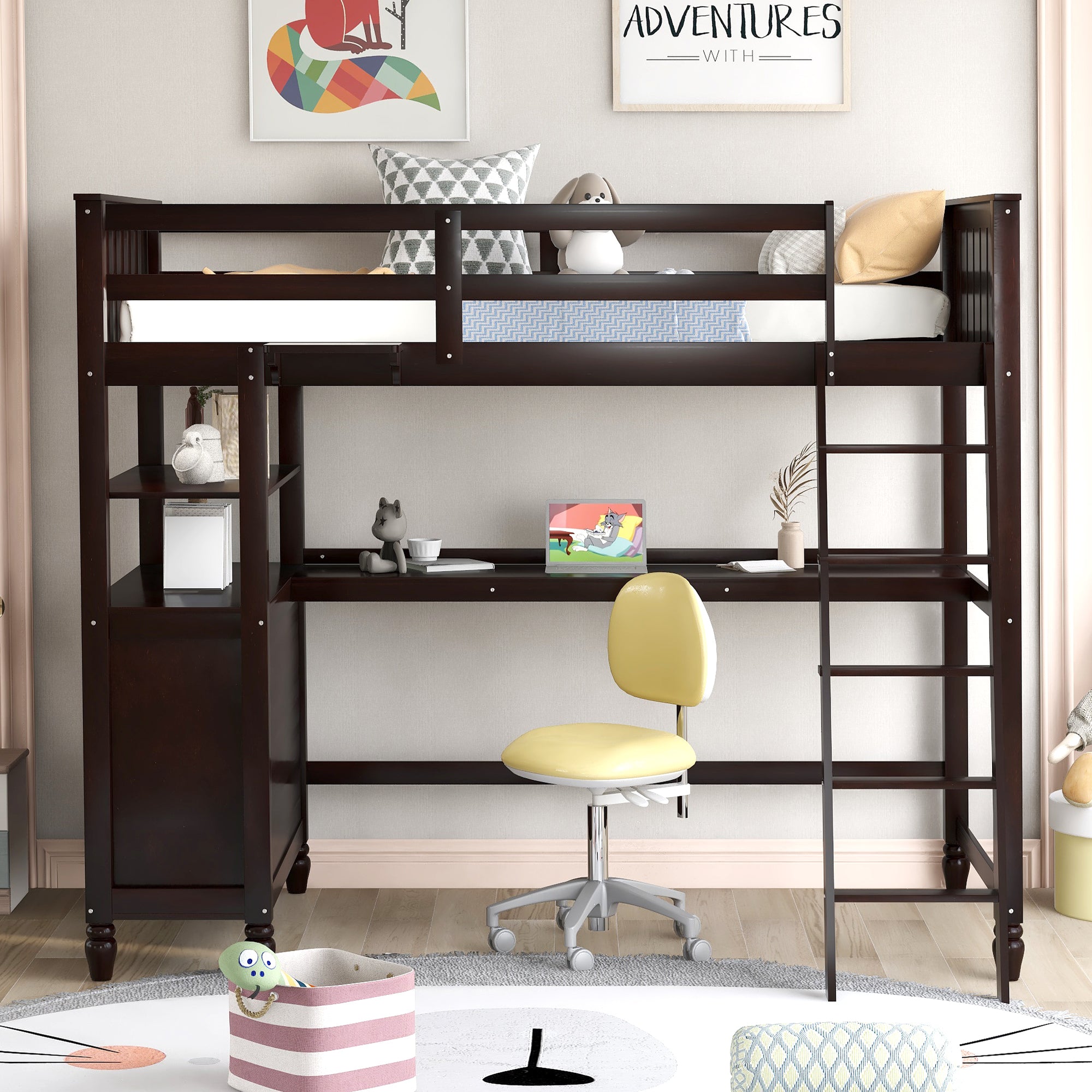 Twin size Loft Bed with Drawers and Desk, Wooden Loft Bed with Shelves - Espresso(OLD SKU: LT001530AAP) - Atlantic Fine Furniture Melbourne FL