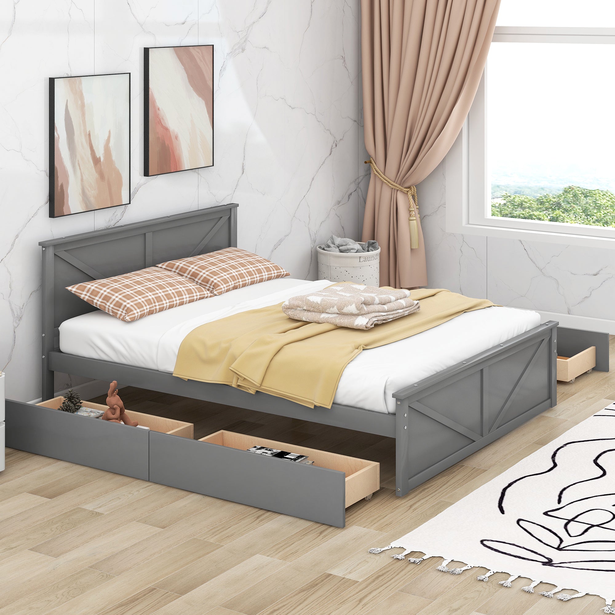 Queen Size Wooden Platform Bed with Four Storage Drawers and Support Legs, Gray - Atlantic Fine Furniture Melbourne FL