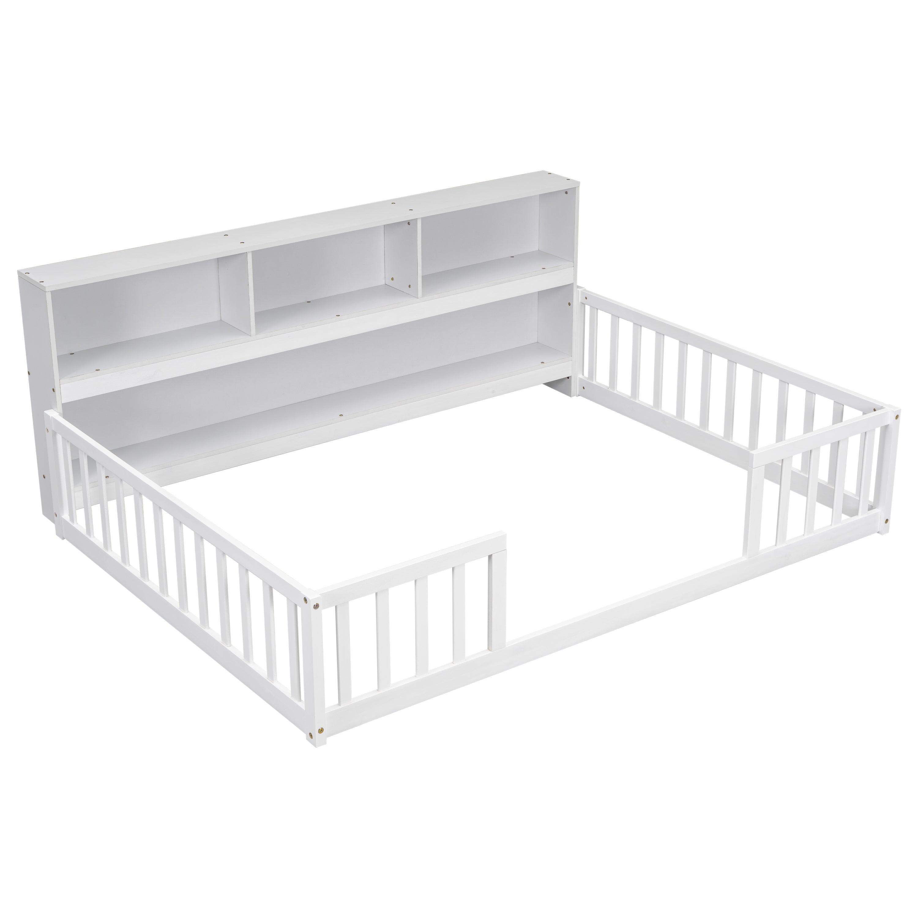 Full Floor Bed with Side Bookcase,Shelves,Guardrails,White