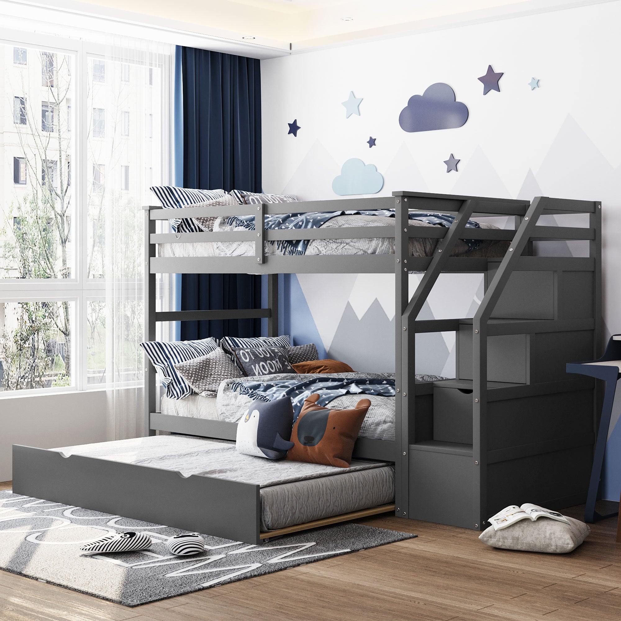 Twin-Over-Twin Bunk Bed with Twin Size Trundle and 3 Storage Stairs,Gray (OLD SKU :LP000064AAE) - Atlantic Fine Furniture Melbourne FL