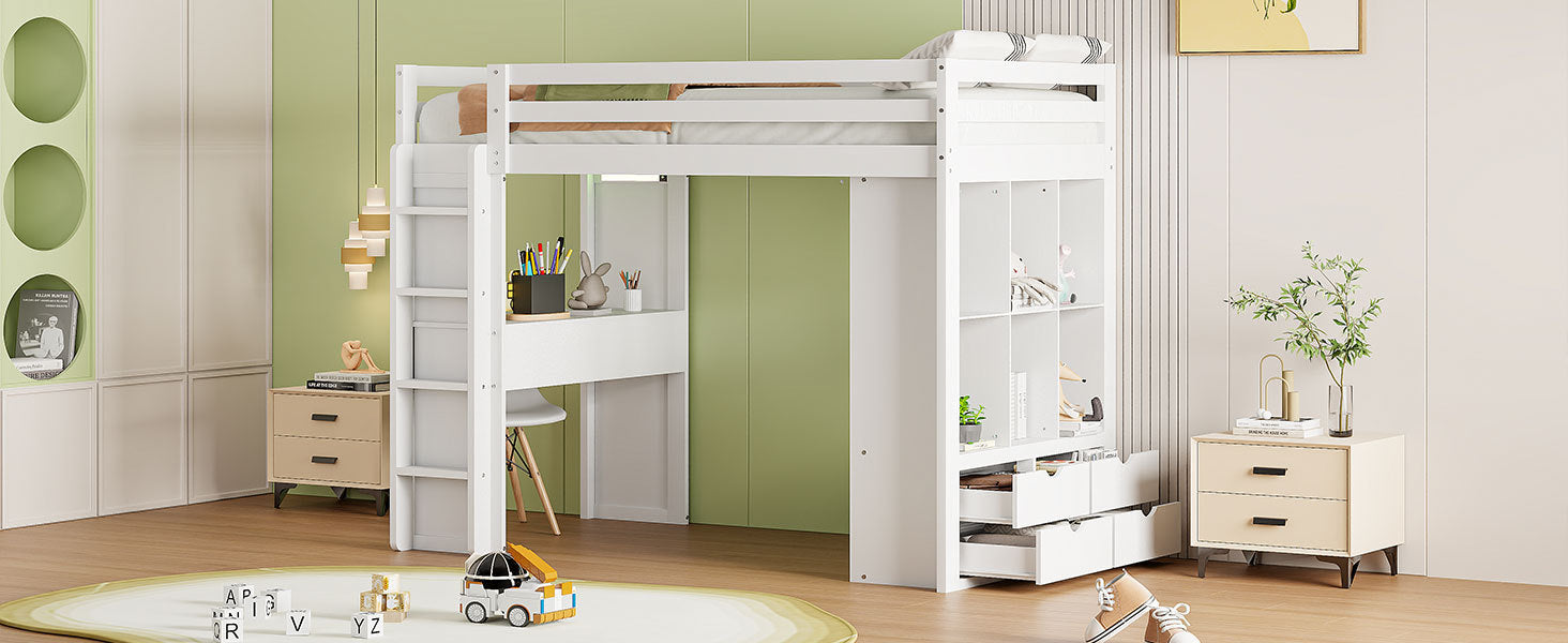 Twin Size Loft Bed with large shelves, writing desk and LED Light, White - Atlantic Fine Furniture Melbourne FL