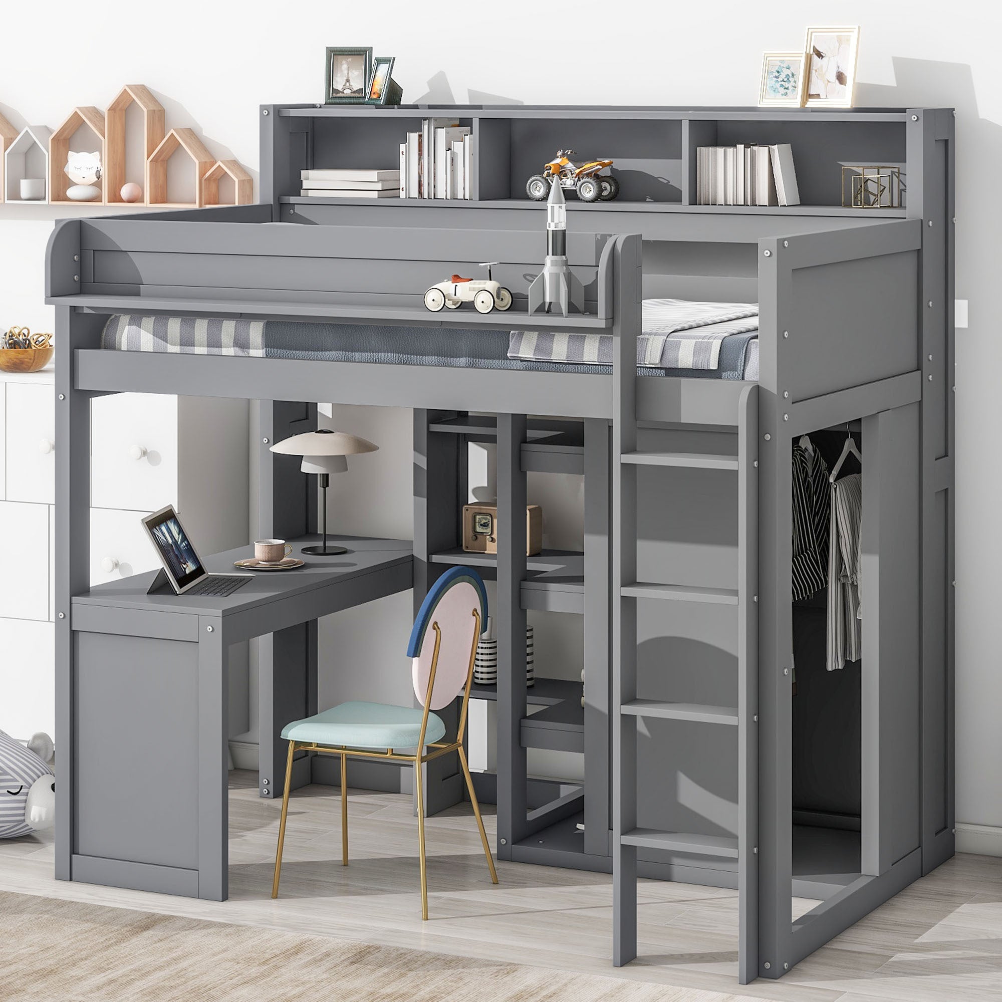 Wood Twin Size Loft bed with Multiple Storage Shelves and Wardrobe, Gray - Atlantic Fine Furniture Melbourne FL