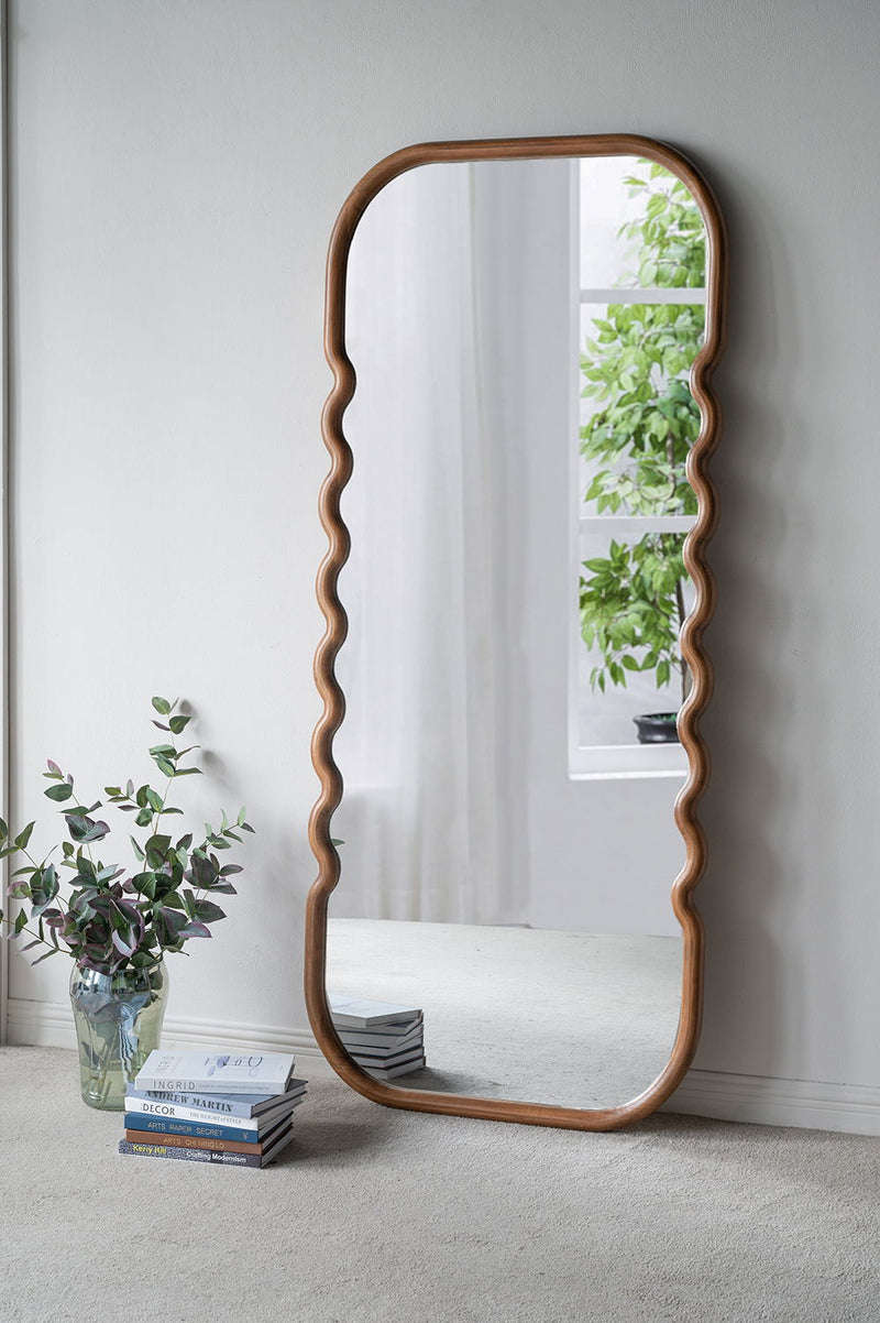 Oversized Wooden Floor Mirror With Unique Frame - Brown