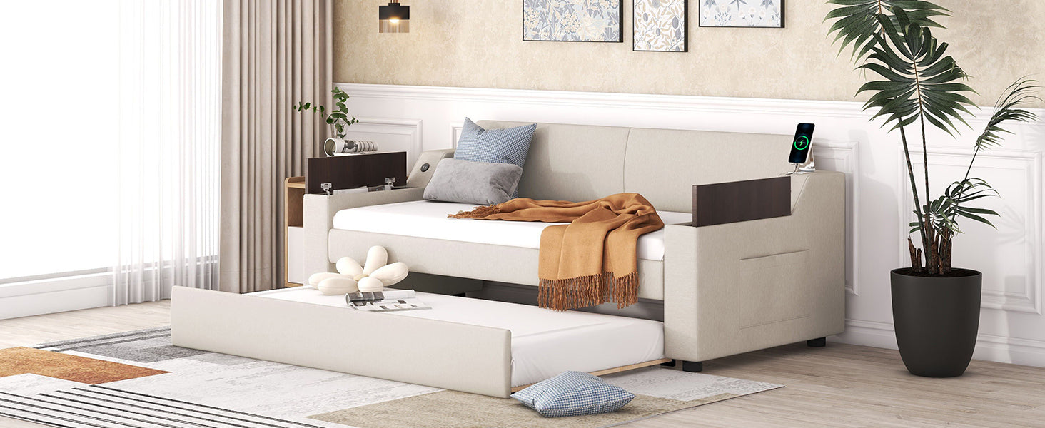 Twin Size Upholstery Daybed with Storage Arms, Trundle and USB Design, Beige - Atlantic Fine Furniture Melbourne FL