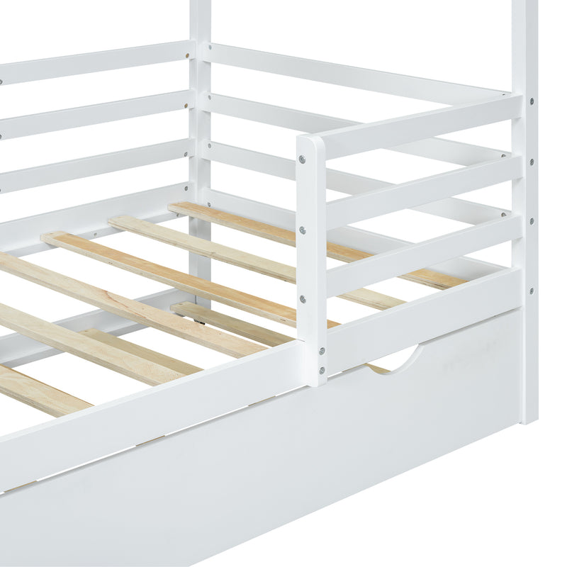 Twin Size Wood House Bed with Fence and Writing Board, White