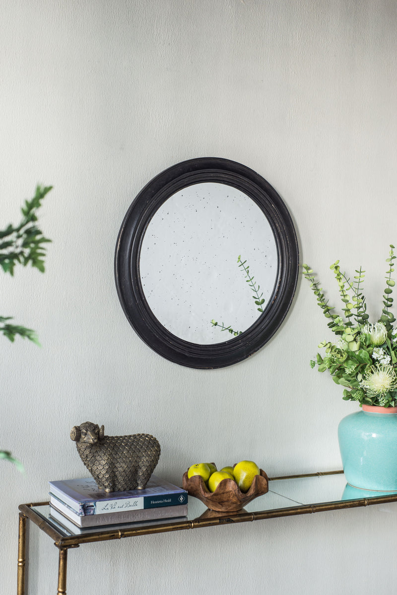 Circle Wall Mirror With Wooden Frame, Antique Classic Accent Mirror - Black