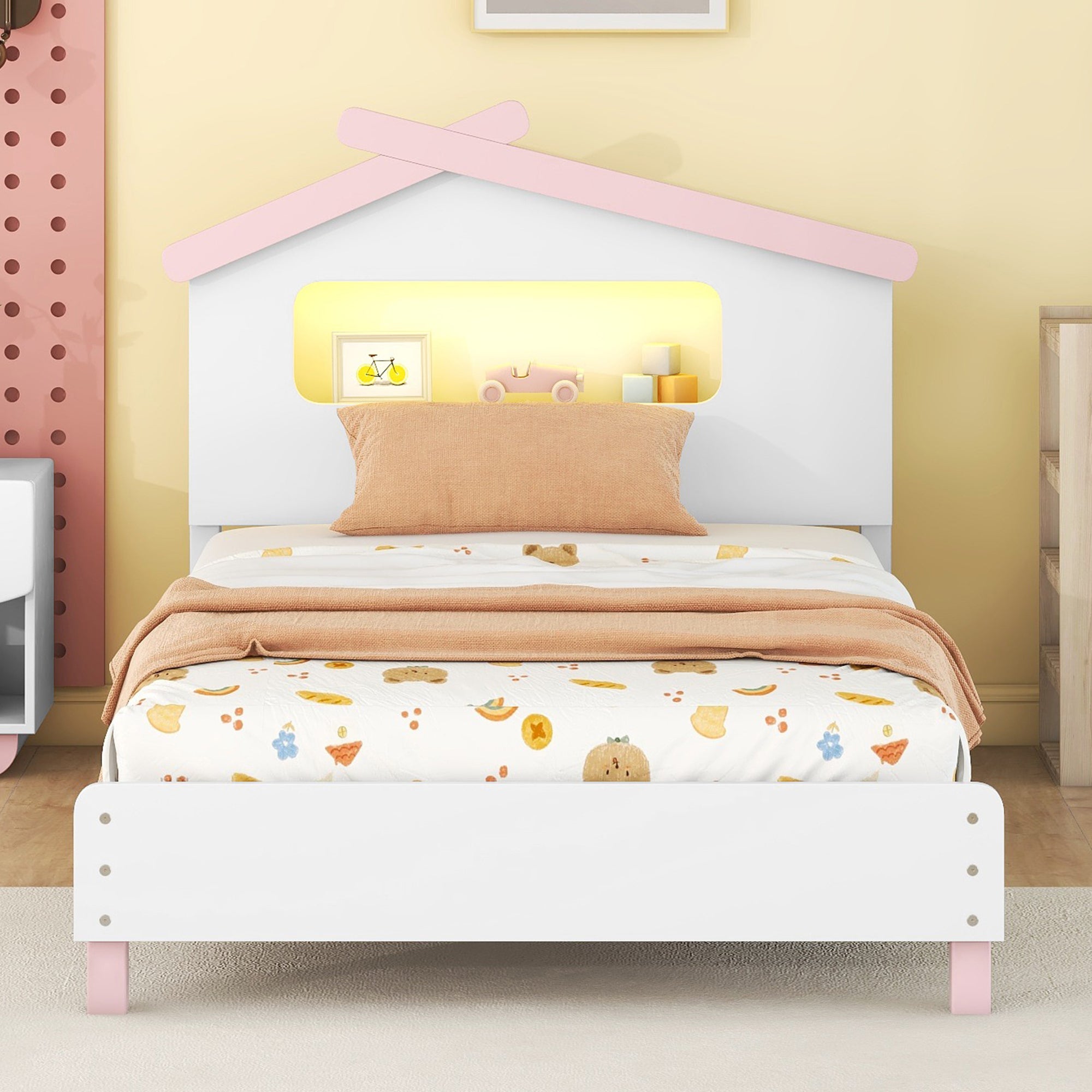 Twin Size Wood Platform Bed with House-shaped Headboard and Motion Activated Night Lights (White+Pink) - Atlantic Fine Furniture Melbourne FL