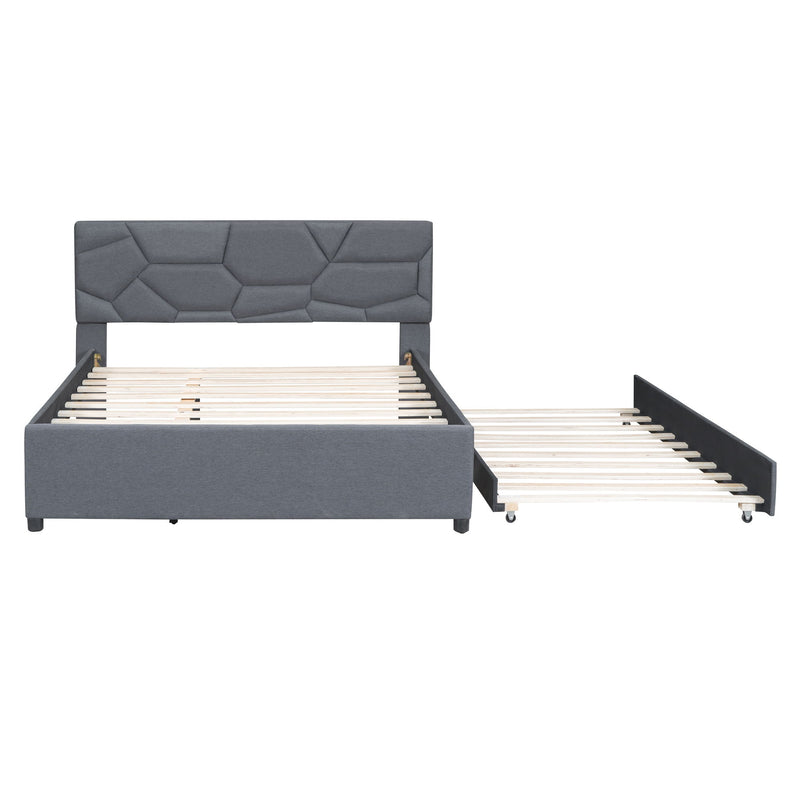 Upholstered Platform Bed With Brick Pattern Headboard And Twin Long Size Trundle