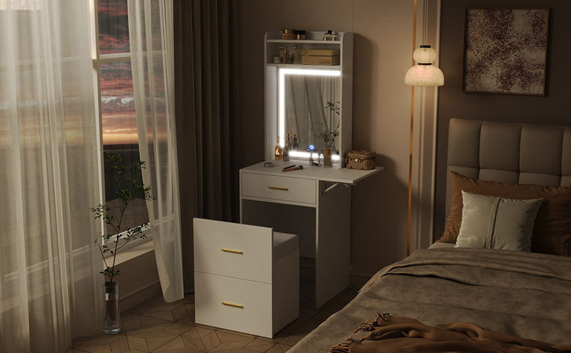 Small Vanity Desk With Mirror And Light, Dressing Table With Charging Station & Fold Up Panel For Small Space, Compact Makeup Vanity Set With Hidden Stool For Bedroom - White
