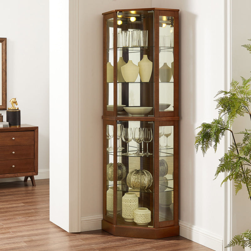 6 Shelf Corner Curio Display Cabinet With Lights, Mirrors And Adjustable Shelves (E26 Light Bulb Not Included)