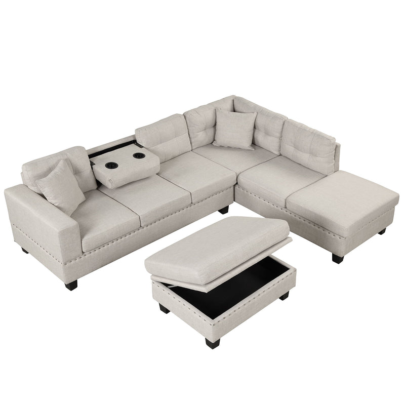 Modern Sectional Sofa With Storage Ottoman, L-Shape Couch With 2 Pillows And Cup Holder, Sectional Sofa With Reversible Chaise For Living Room