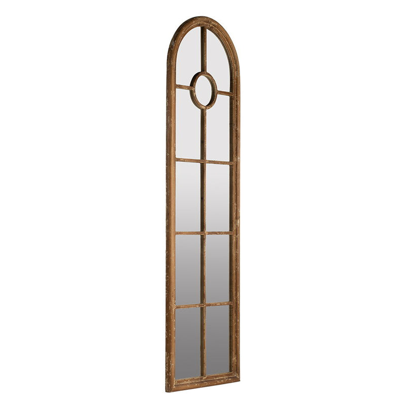 Half Round Elongated Mirror With Decorative Window Look Classic Architecture Style Solid Fir Wood Interior Decor - Brown