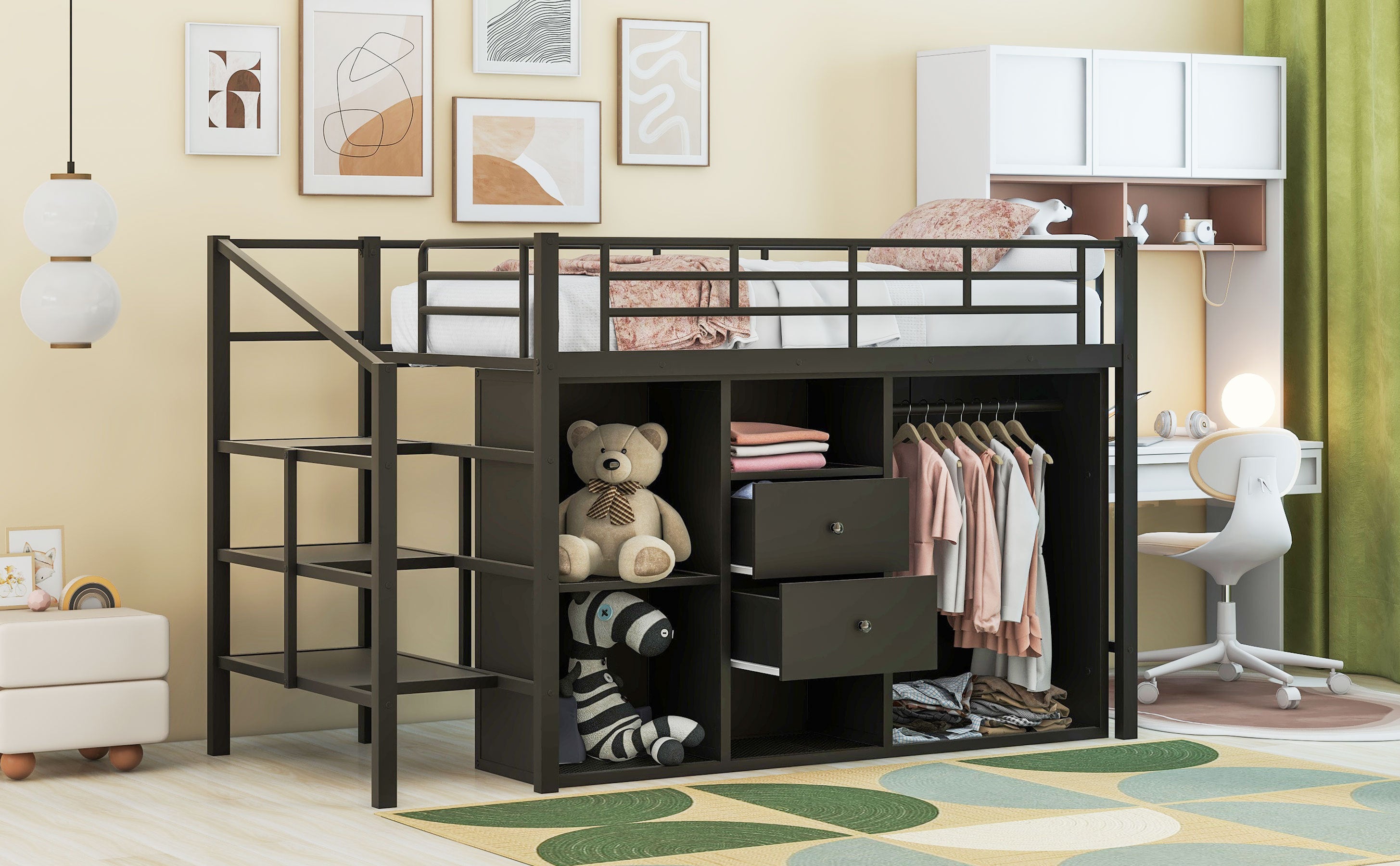 Twin Size Metal Loft Bed with Drawers, Storage Staircase and Small Wardrobe - Atlantic Fine Furniture Melbourne FL