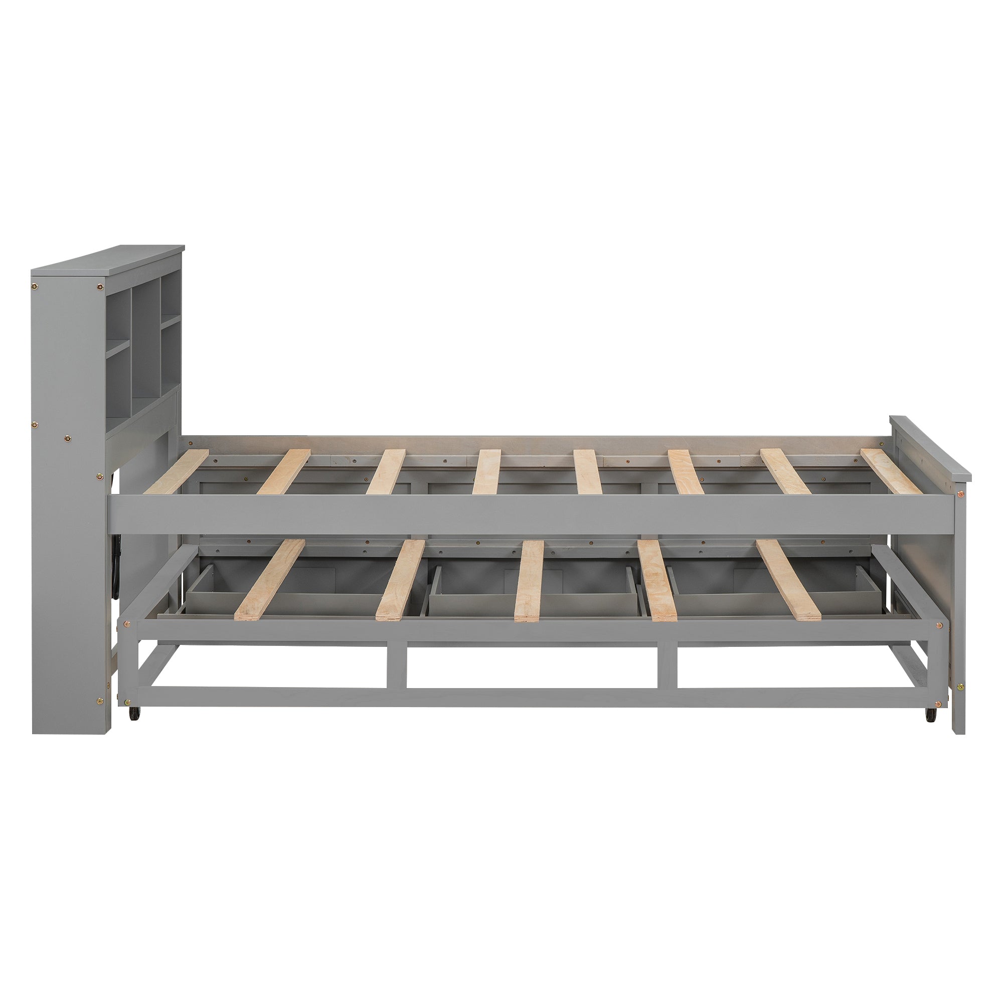 Twin Size Platform Bed with Storage Headboard, USB, Twin Size Trundle and 3 Drawers, Gray - Atlantic Fine Furniture Melbourne FL