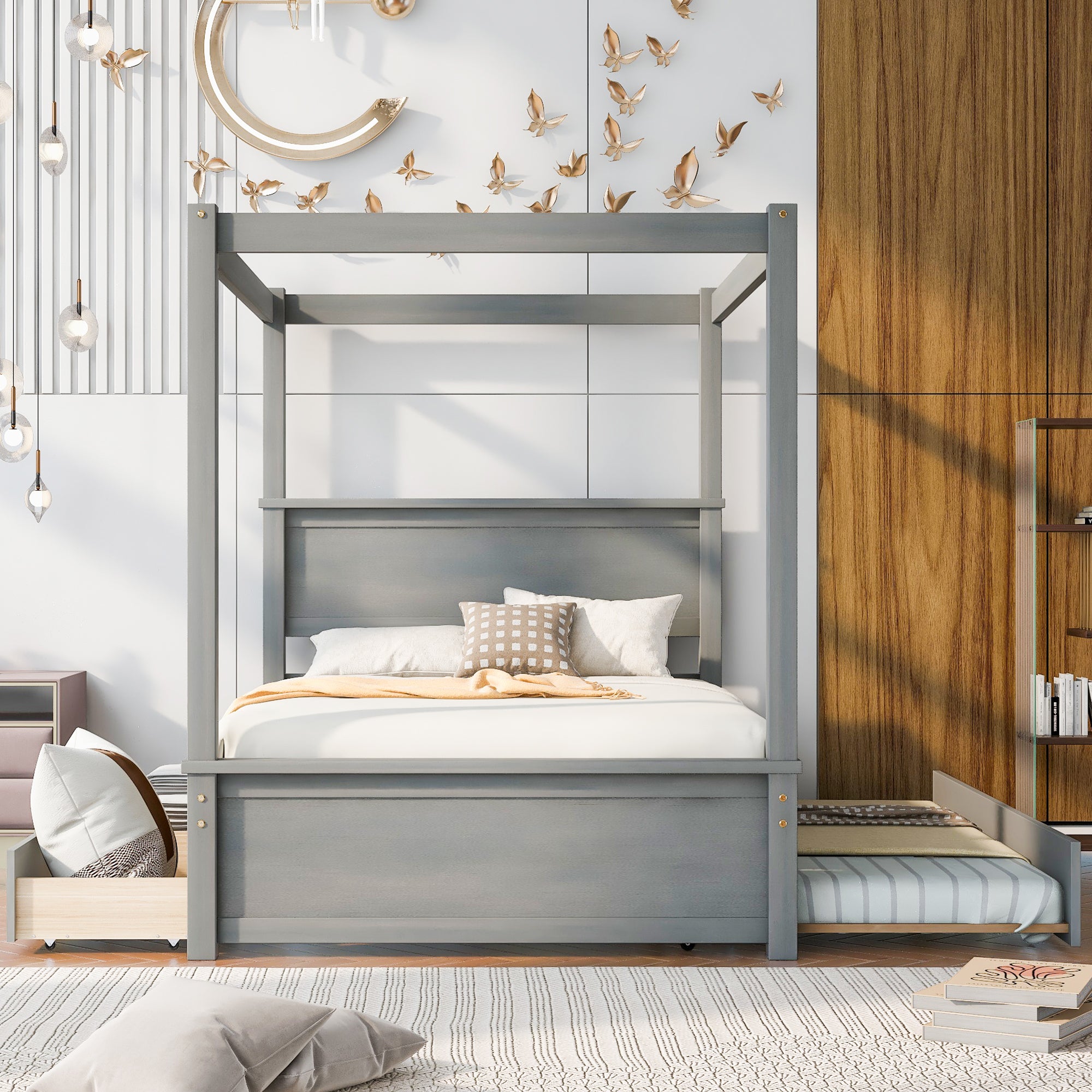 Wood Canopy Bed with Trundle Bed and two Drawers ,Full Size Canopy Platform bed With Support Slats .No Box Spring Needed, Brushed Gray - Atlantic Fine Furniture Melbourne FL