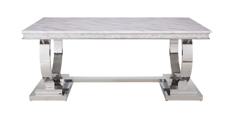 Zander - Dining Table - White Printed Faux Marble & Mirrored Silver Finish - Atlantic Fine Furniture Inc