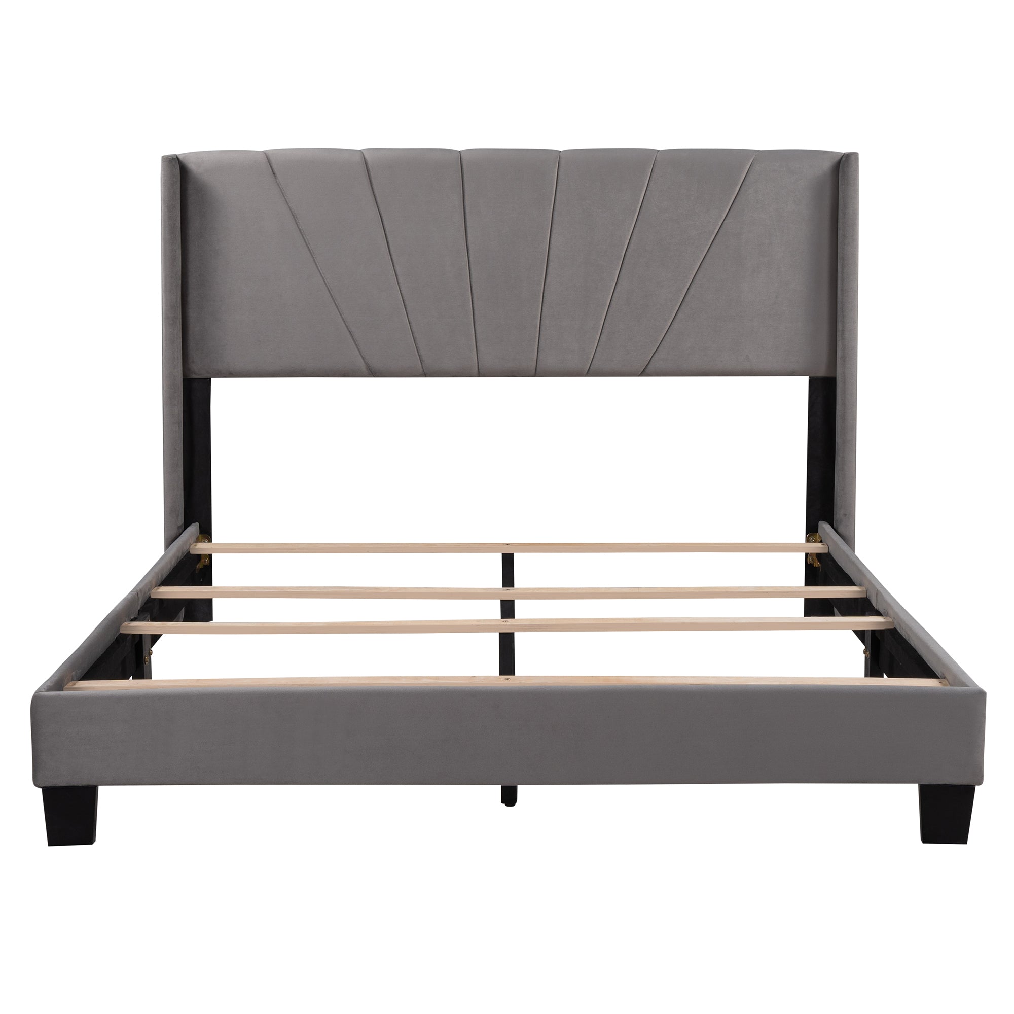 Queen Size Velvet Upholstered Platform Bed, Box Spring Needed - Gray - Atlantic Fine Furniture Melbourne FL
