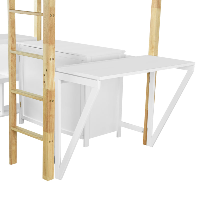 Twin Size Wood Loft Bed With Built-in Storage Cabinet and Cubes, Foldable desk, White