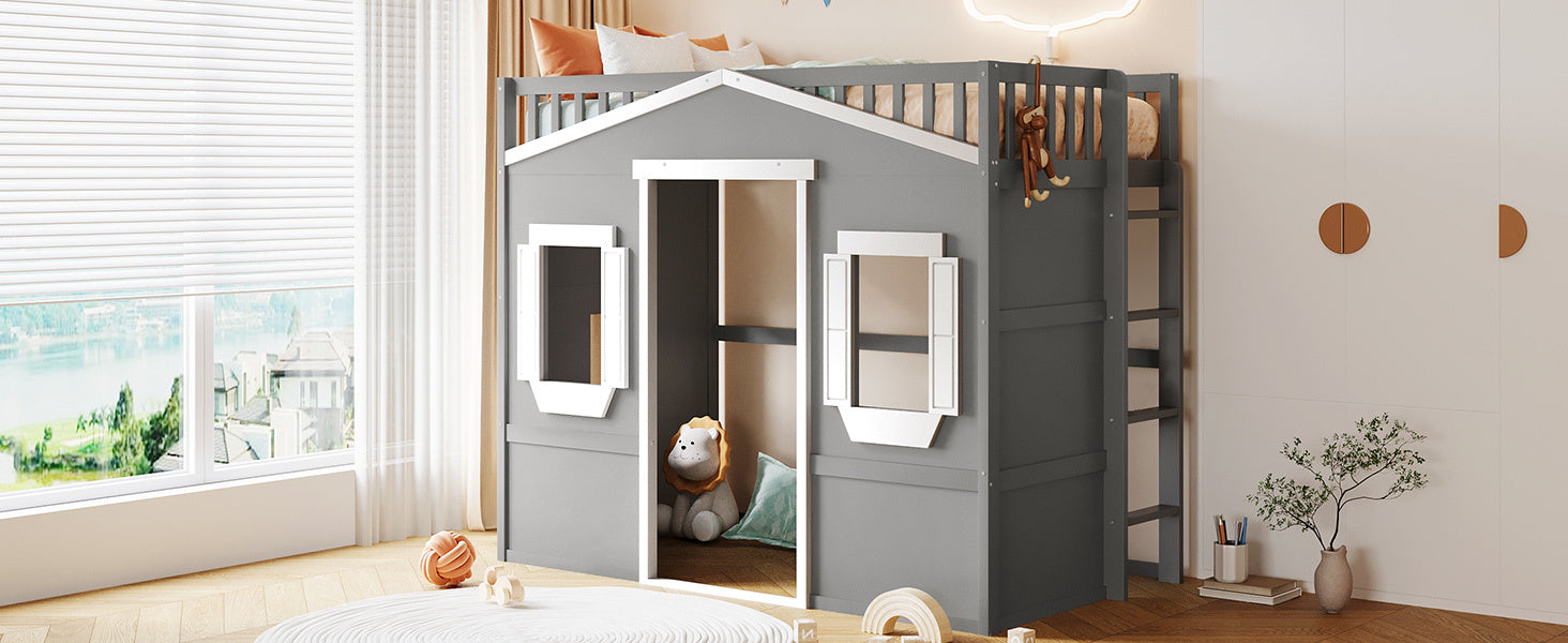 Twin Size House Loft Bed With Ladder-Gray+White Frame