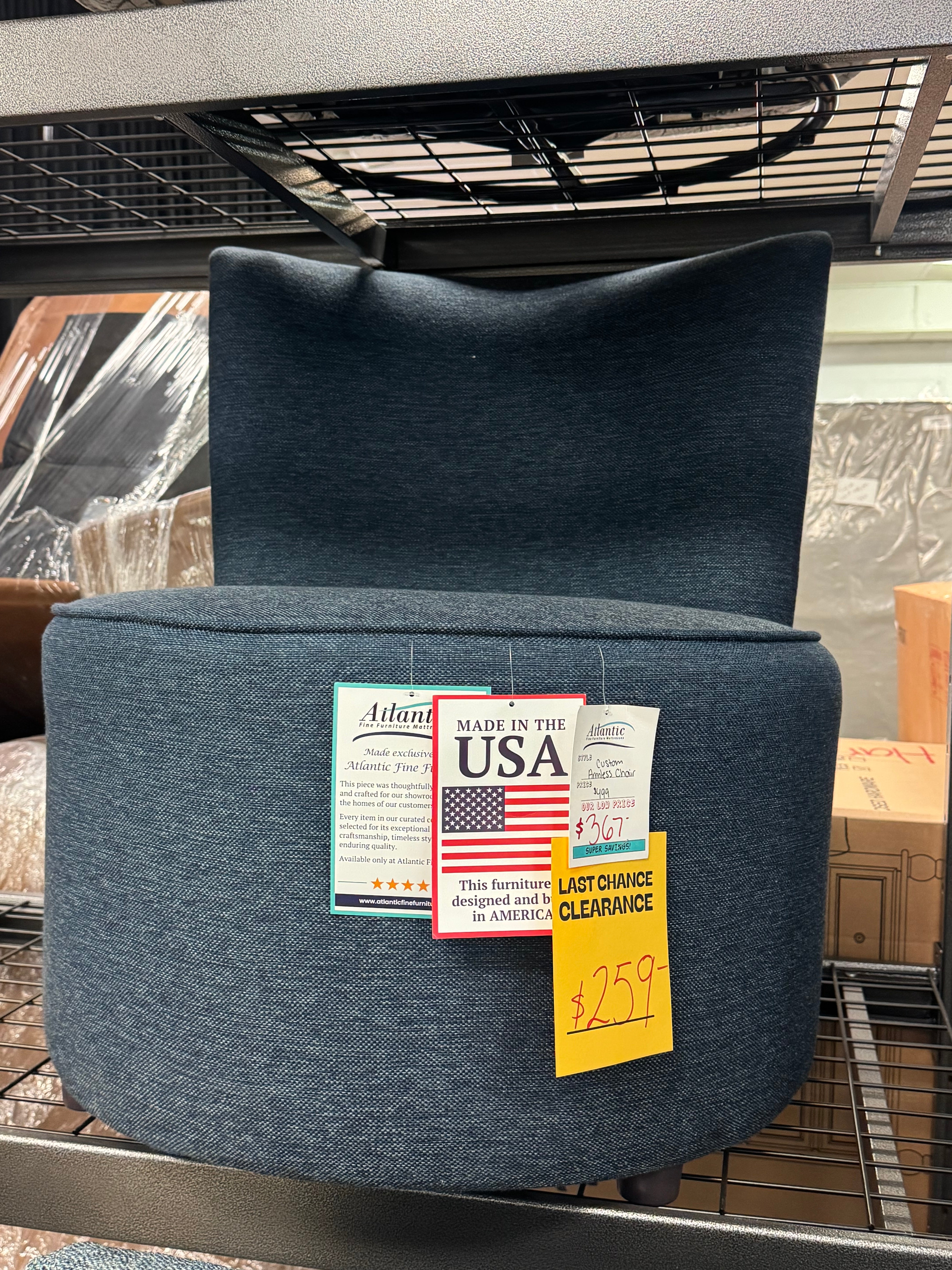 Custom Armless Chair *MAX INDIGO FABRIC* SHOWROOM MODEL ONLY