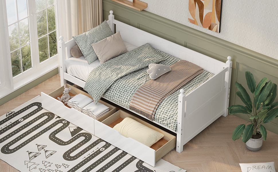 Twin Size Solid Wood Daybed with 2 drawers for Limited Space Kids, Teens, Adults, No Need Box Spring, White - Atlantic Fine Furniture Melbourne FL