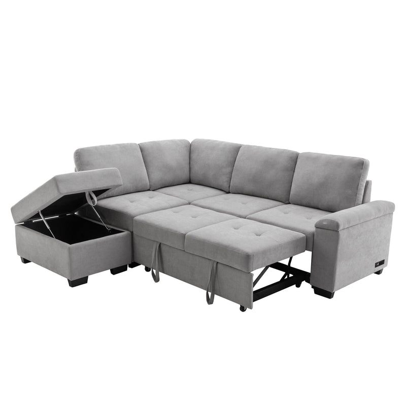 Sleeper Sectional Sofa, L-Shape Corner Couch Sofa Bed With Storage Ottoman & Hidden Arm Storage & USB Charge For Living Room Apartment