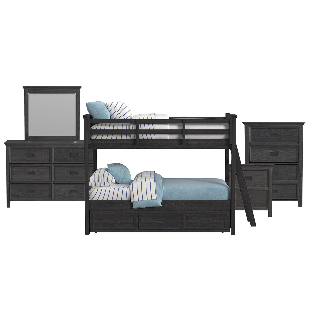 Hampton Kids Bunk With Ladder And Trundle Bedroom Set in Black by Elements International, view 3