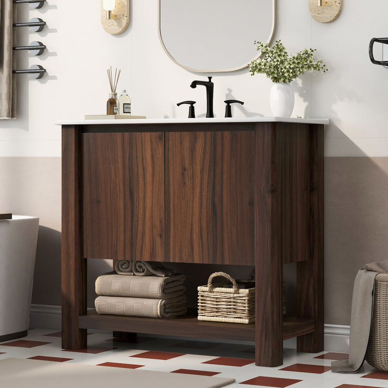 36" Modern Bathroom Vanity With Rectangle Ceramic Sink, Bathroom Cabinet And 45 Degrees Free Handle Design Soft Closing Doors, 1 Open Shelf At The Bottom - Dark Brown