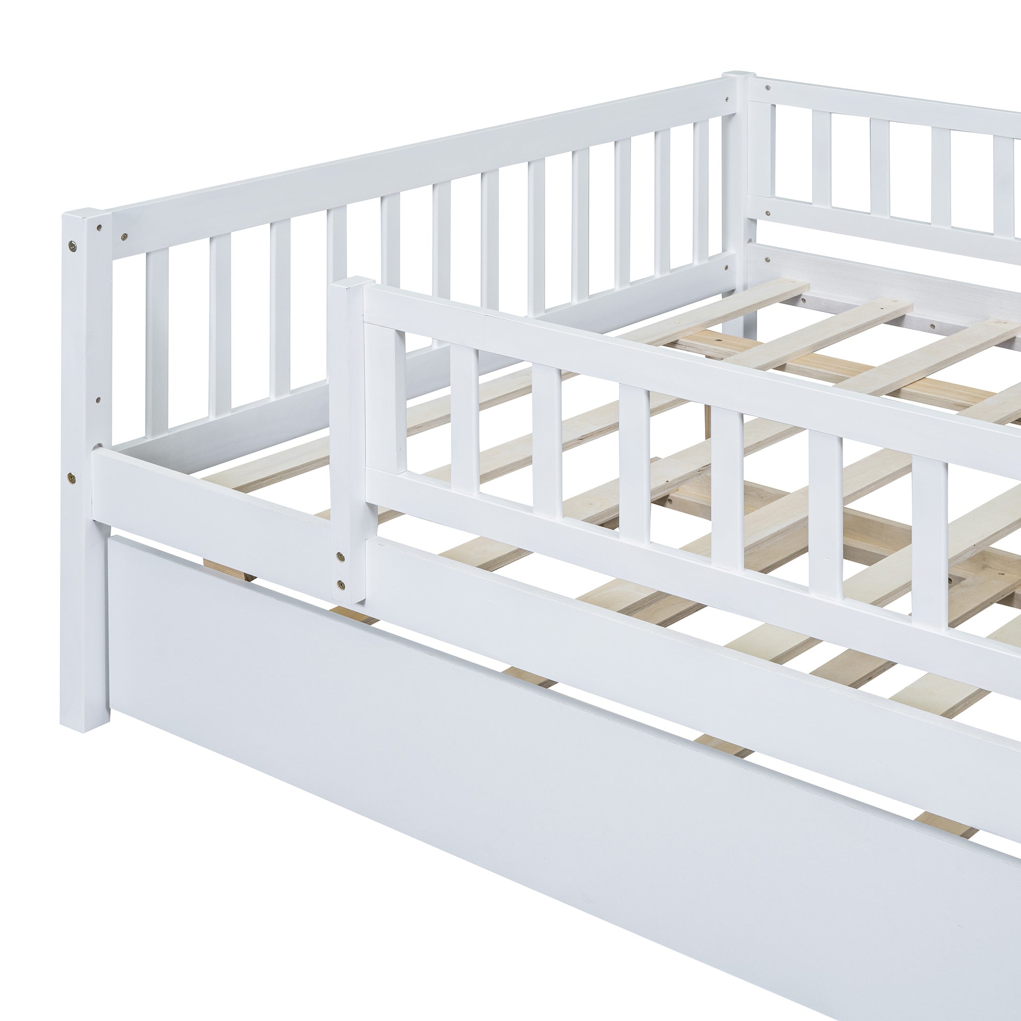 Full Size Wood Daybed with Trundle and Fence Guardrails, White - Atlantic Fine Furniture Melbourne FL