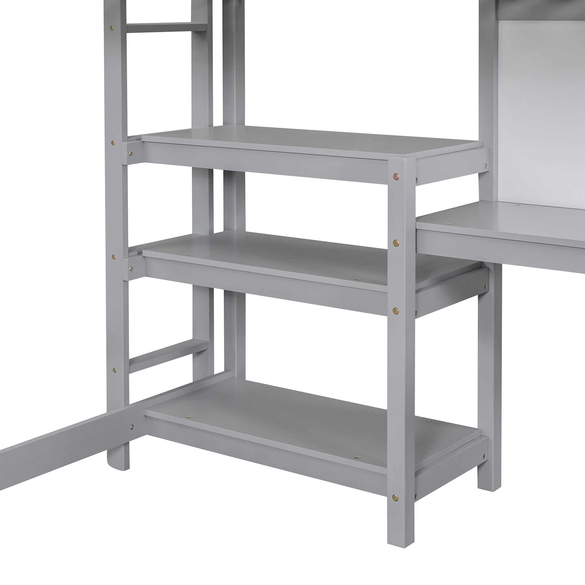 Twin Size Wooden Loft Bed with Shelves, Desk and Writing Board - Gray