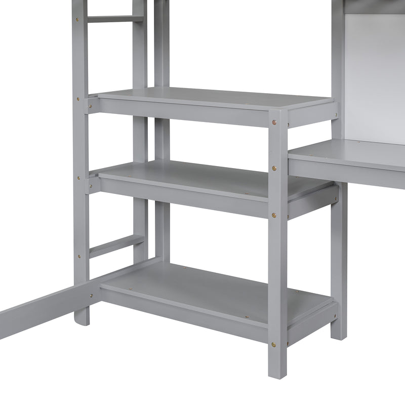 Twin Size Wooden Loft Bed with Shelves, Desk and Writing Board - Gray