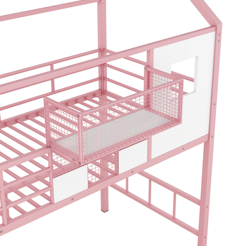 Metal Loft Bed with roof design and a storage box, Twin, Pink