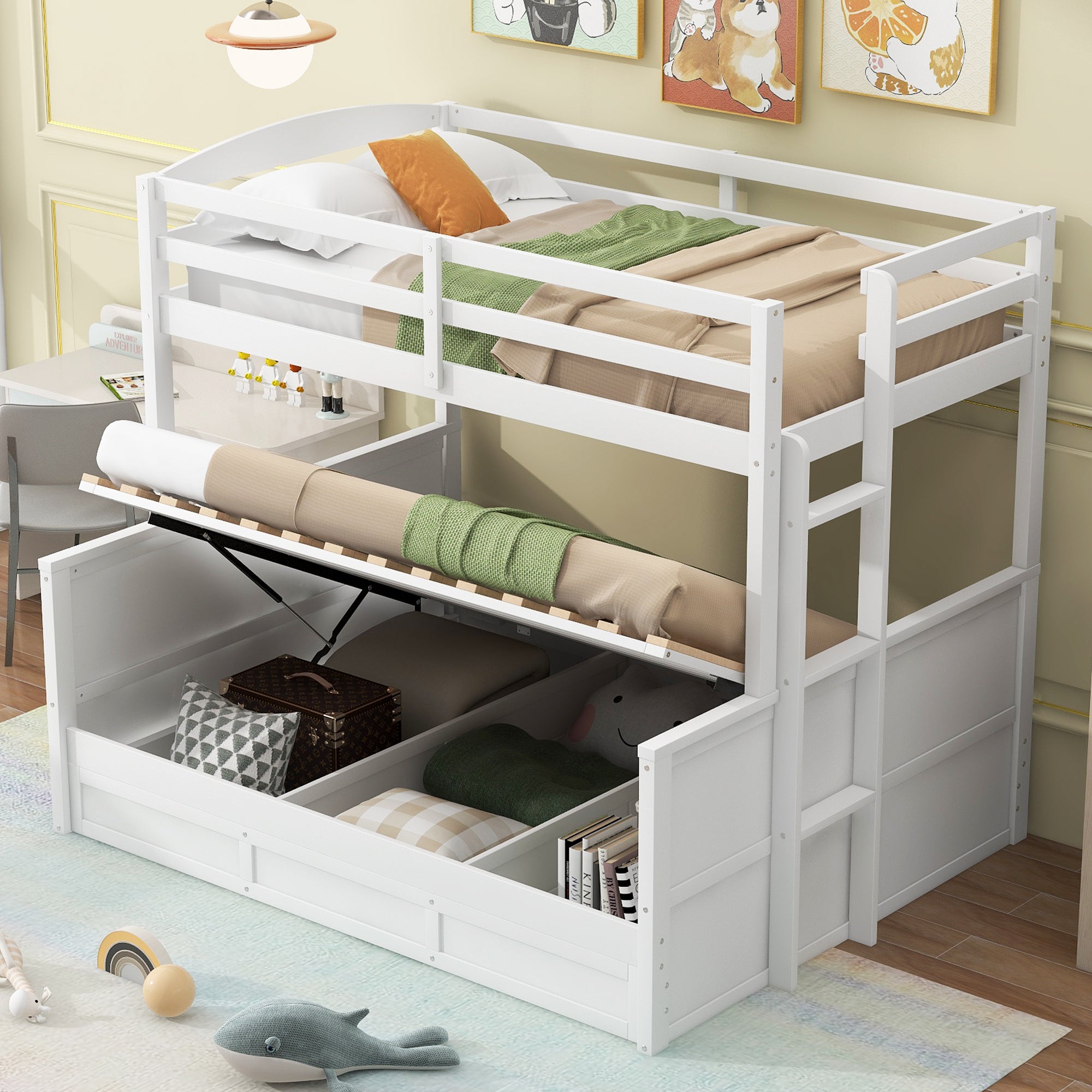 Wood Twin over Full Bunk Bed with Hydraulic Lift Up Storage, White - Atlantic Fine Furniture Melbourne FL