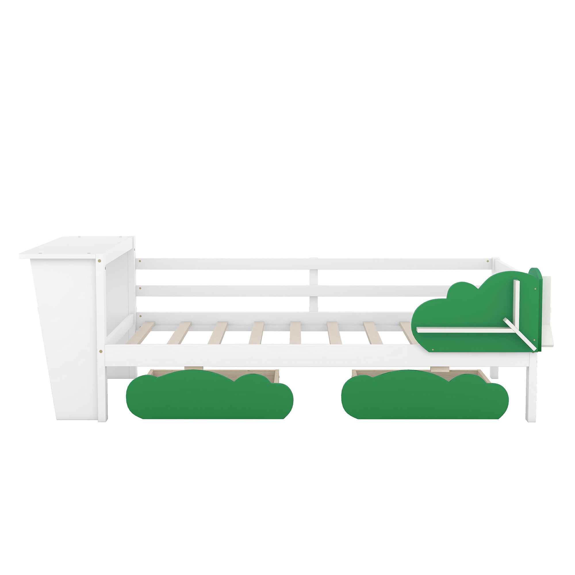 Twin Size Daybed with Desk, Green Leaf Shape Drawers and Shelves, White - Atlantic Fine Furniture Melbourne FL