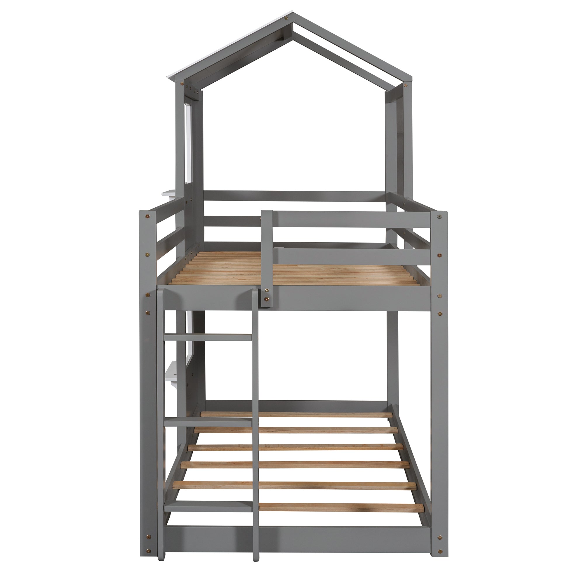 Twin Over Twin Bunk Bed Wood Bed with Roof, Window, Guardrail, Ladder (White) - Atlantic Fine Furniture Melbourne FL