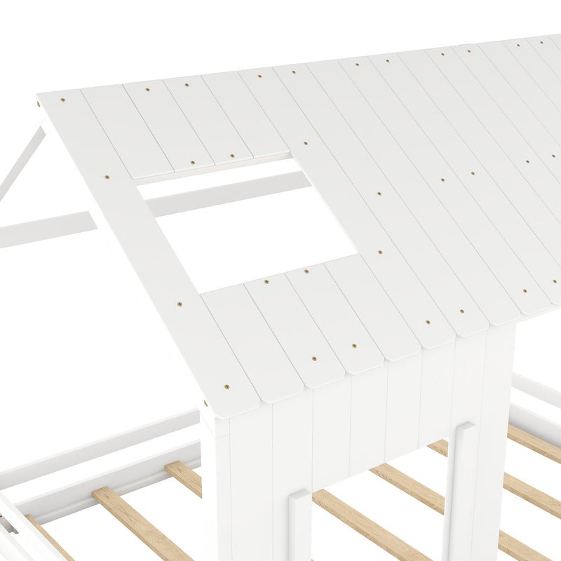 Full Size House Bed with Roof and Window - White