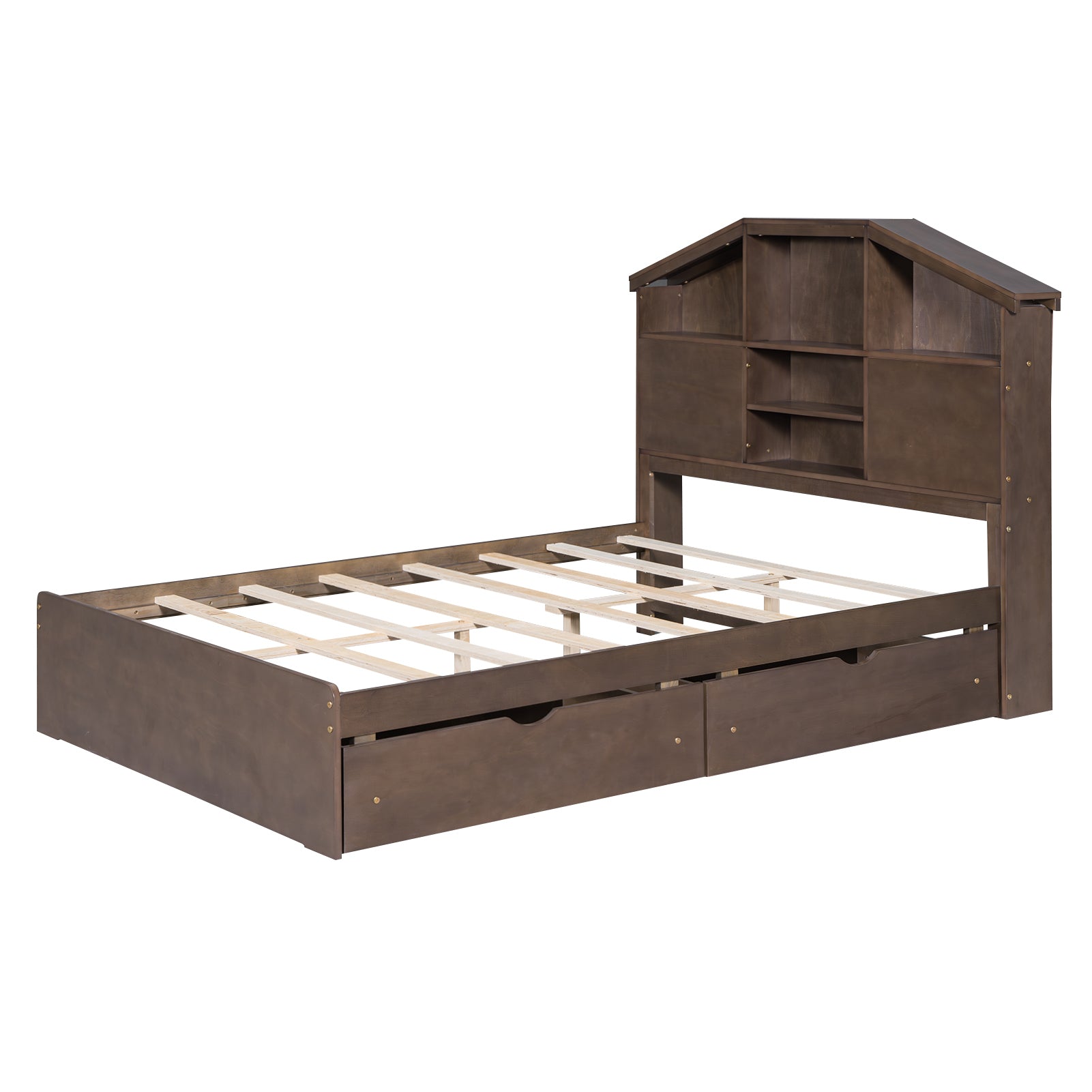 Full Size Wood Platform Bed with House-shaped Storage Headboard and 2 Drawers, Walnut - Atlantic Fine Furniture Melbourne FL