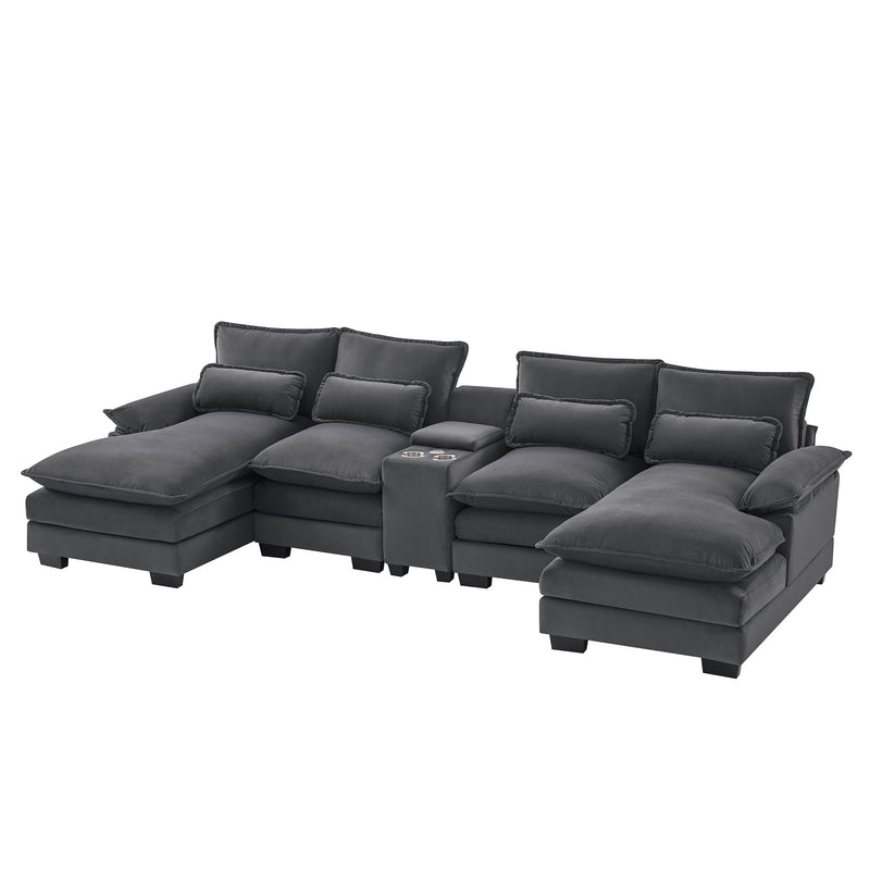 Modern U-Shaped Sofa With Console, Cupholders And USB Ports, 6 Seat Upholstered Symmetrical Indoor Furniture, Sleeper Couch Set With Chaise For Living Room