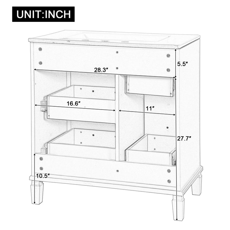 Bathroom Vanity With Ceramic Sink, Flip Out Drawer Design For Plumbing, Soft Close Drawers