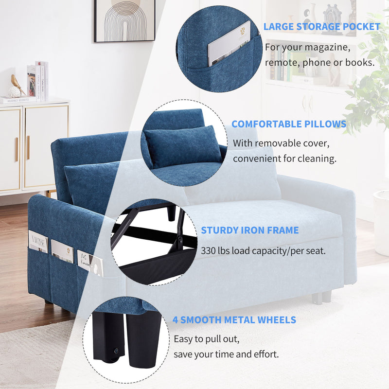 Pull Out Sleep Sofa Bed Loveseats Sofa Couch With Adjsutable Backrest, Storage Pockets, 2 Soft Pillows, USB Ports For Living Room