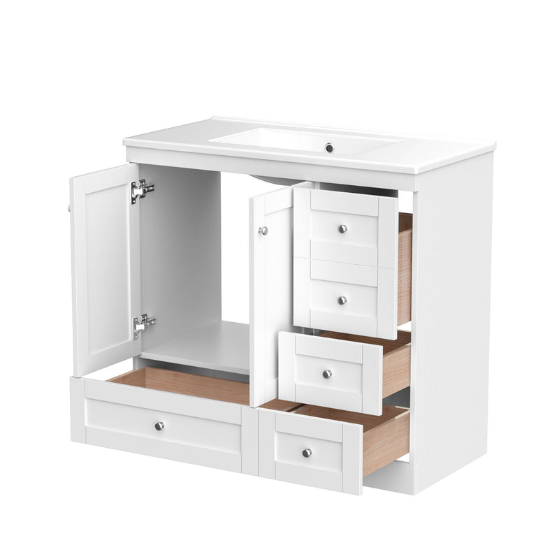 Shaker Free Standing Bathroom Vanity Cabinet With Sink, Soft Close Drawers And Doors - White