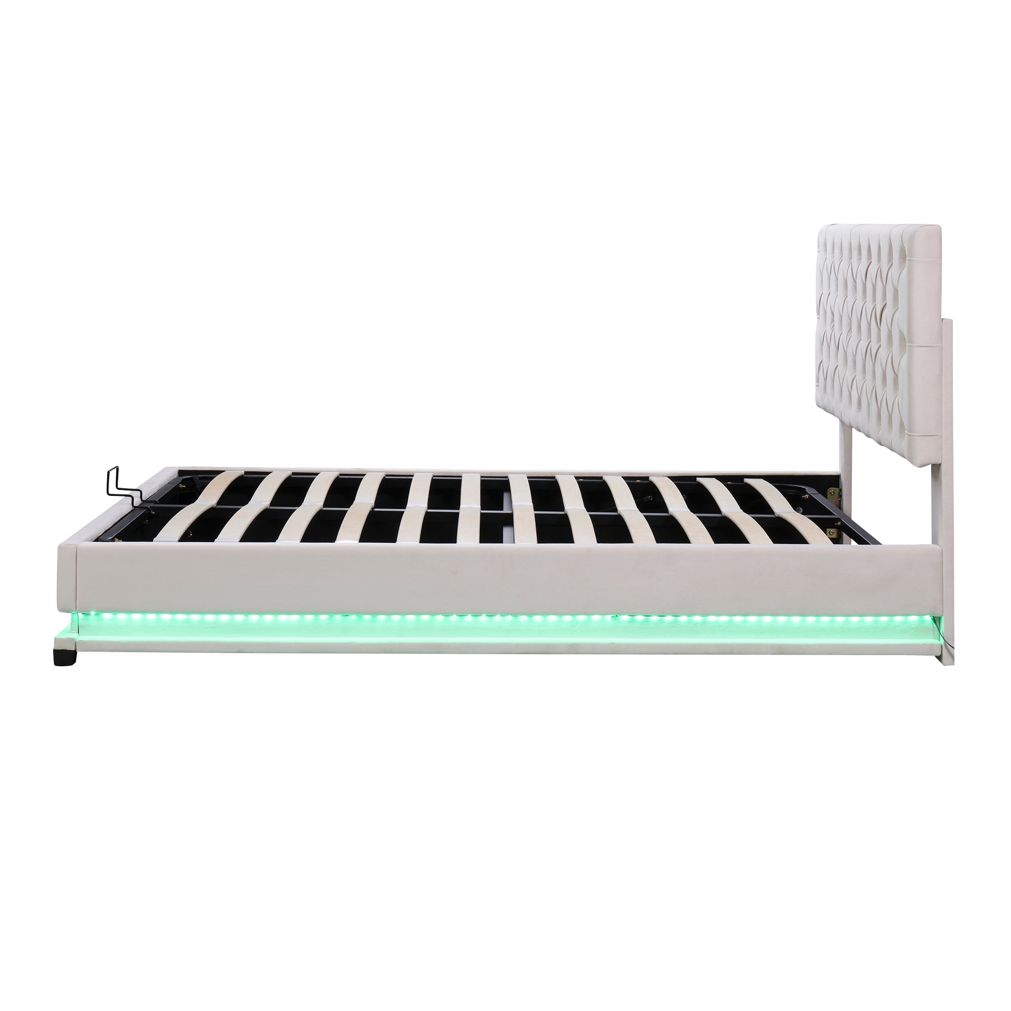 Queen Size Storage Upholstered Platform Bed with Adjustable Tufted Headboard and LED Light, Beige - Atlantic Fine Furniture Melbourne FL