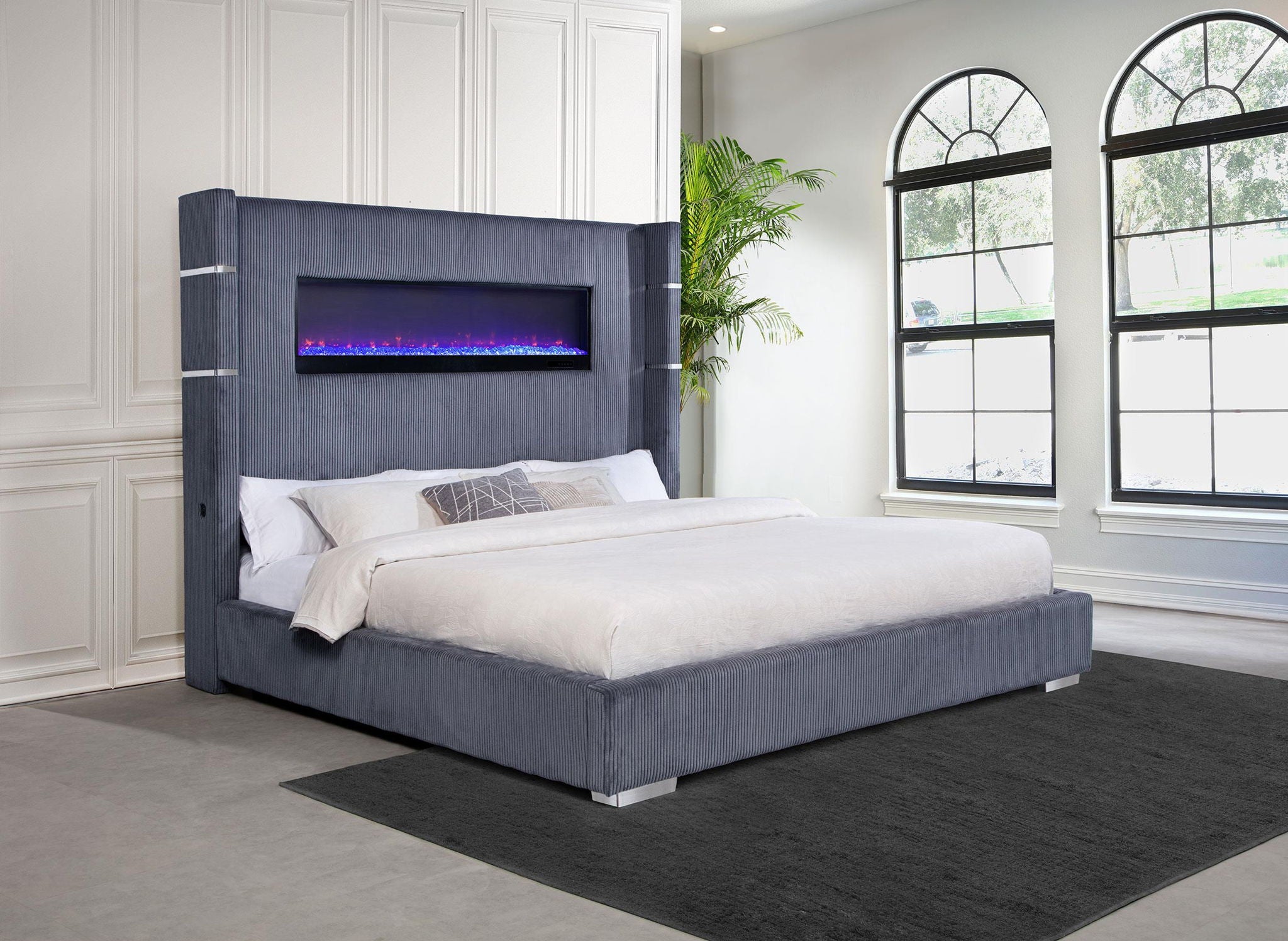 Tisdall Upholstered Eastern King Flame Visualizer Bed Grey