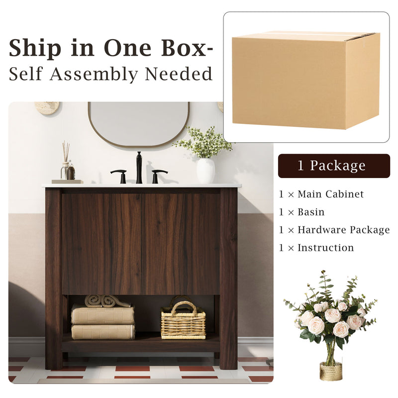 36" Modern Bathroom Vanity With Rectangle Ceramic Sink, Bathroom Cabinet And 45 Degrees Free Handle Design Soft Closing Doors, 1 Open Shelf At The Bottom - Dark Brown