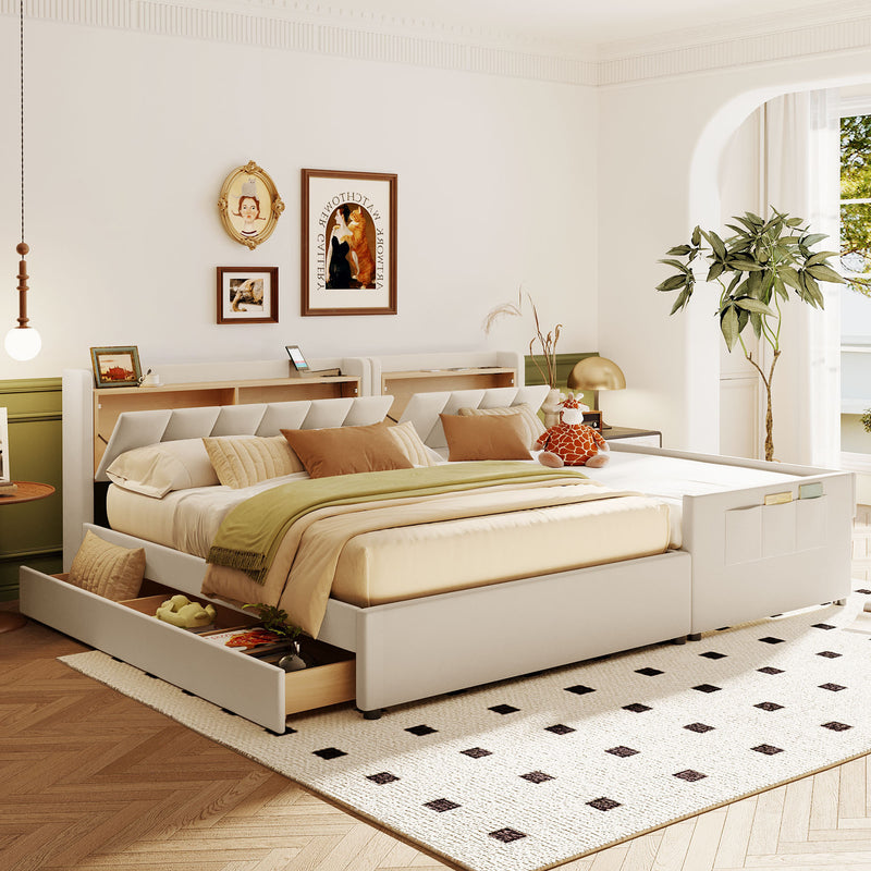 Queen Size & Twin XL Size Upholstered Platform Bed, Mother & Child Bed with Hydraulic Storage System, Drawer Box, Bedhead storage shelf and Two pairs of sockets & USB Ports, PU Leather, Beige