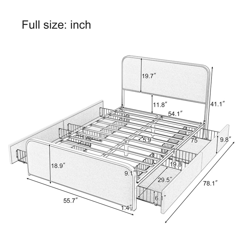 Modern Metal Bed Frame with Curved Upholstered Headboard and Footboard Bed with 4 Storage Drawers, Heavy Duty Metal Slats, Full Size, Beige
