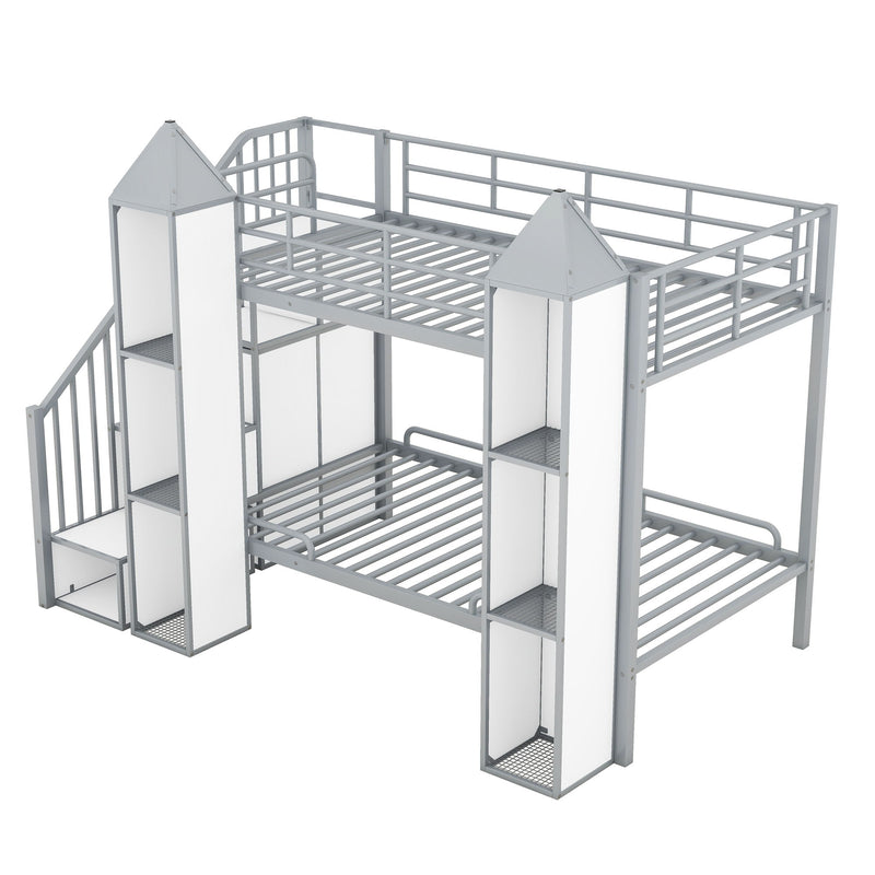 Metal Twin Over Twin Castle-Shaped Bunk Bed With Wardrobe And Multiple Storage - Gray / White