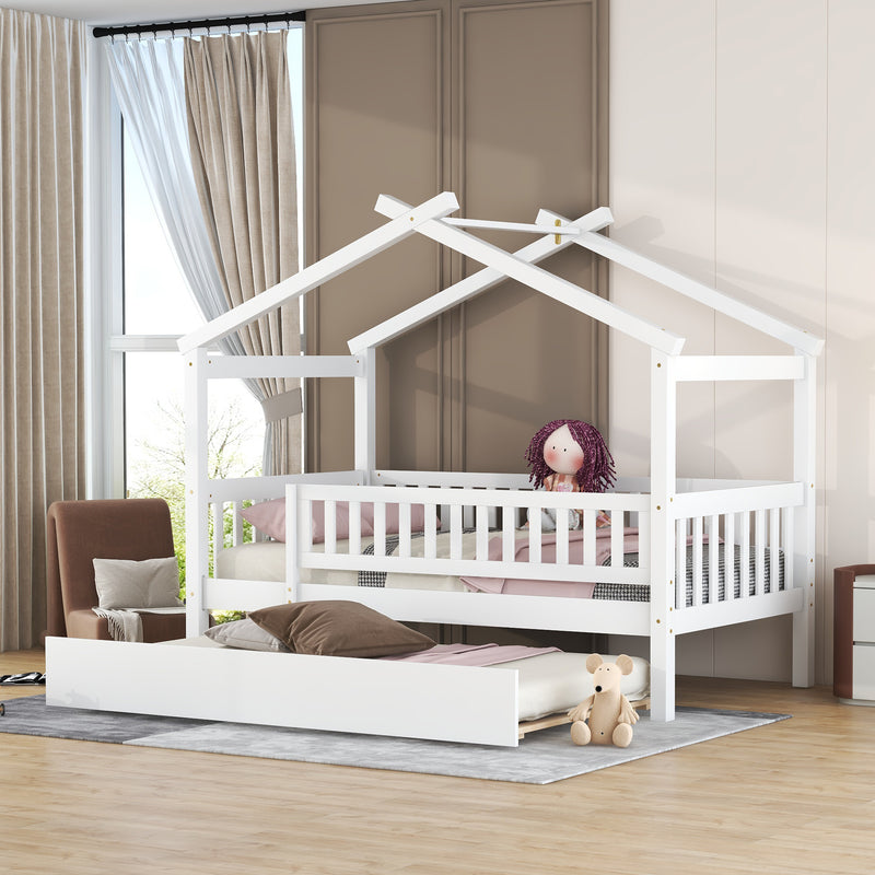 Twin Size Wooden House Bed with Twin Size Trundle, White