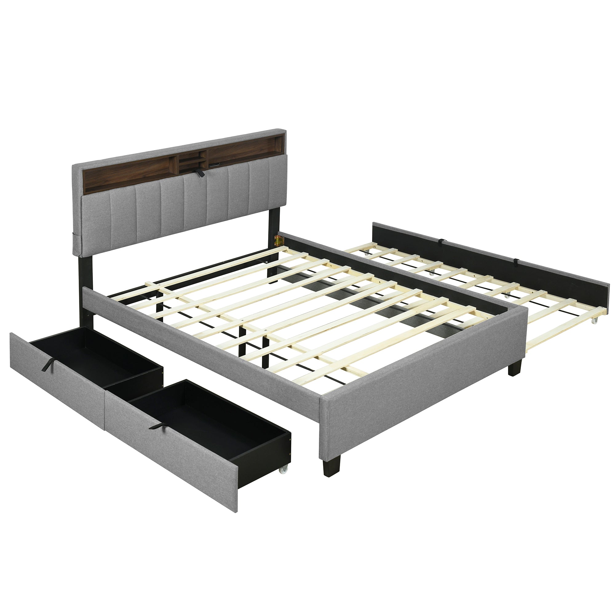 Queen size Upholstered Platform Bed with Storage Headboard, Twin XL Size Trundle & 2 drawers and a set of Sockets & USB Ports, Linen Fabric, Gray - Atlantic Fine Furniture Melbourne FL