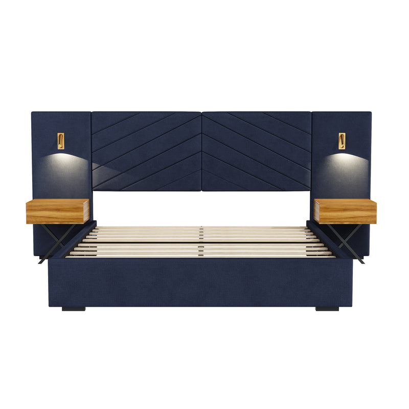 King Size Velvet Bed Frame/Vertical Channel Tufted Wingback Headboard/Upholstered Platform Bed/Strong Wooden Slats/No Box Spring Needed/Easy AssemblyRoyal blue